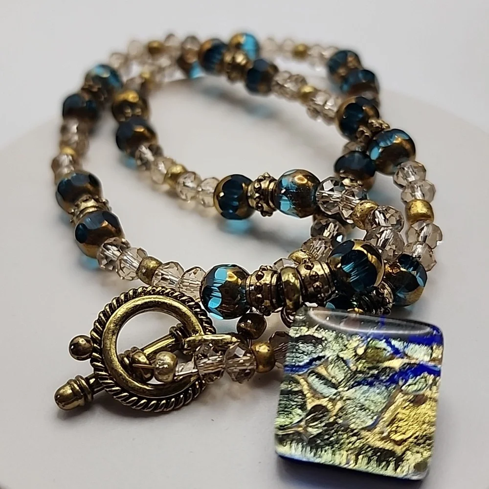 Elegant Gold and Blue Beaded Necklace‎ - Murano Glass